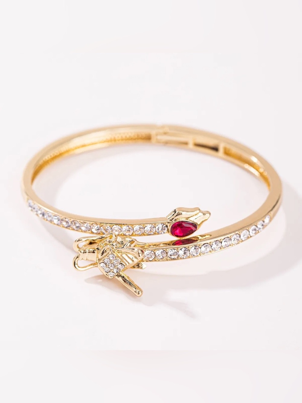 Gold Dragon Hinged Bangle Bracelet Red Crystal Rhinestone Statement NEW
